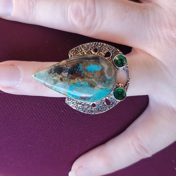 New Oversized Chrysocolla & Diopside 925 Silver Statement Ring. - Picture 4 of 14
